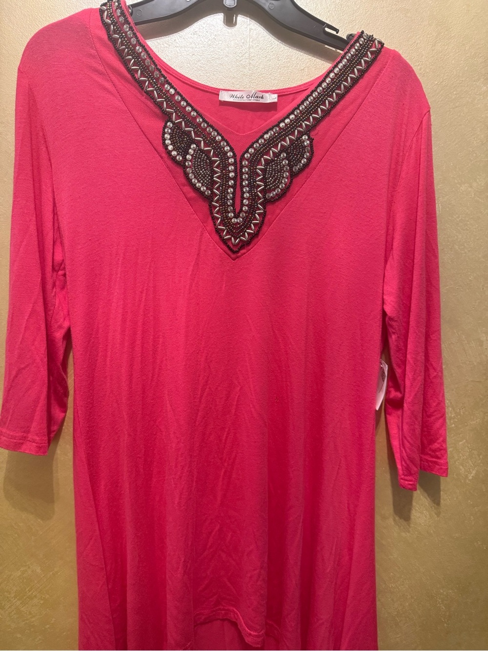 White Mark Beaded V-Neck Tunic - Bright Pink